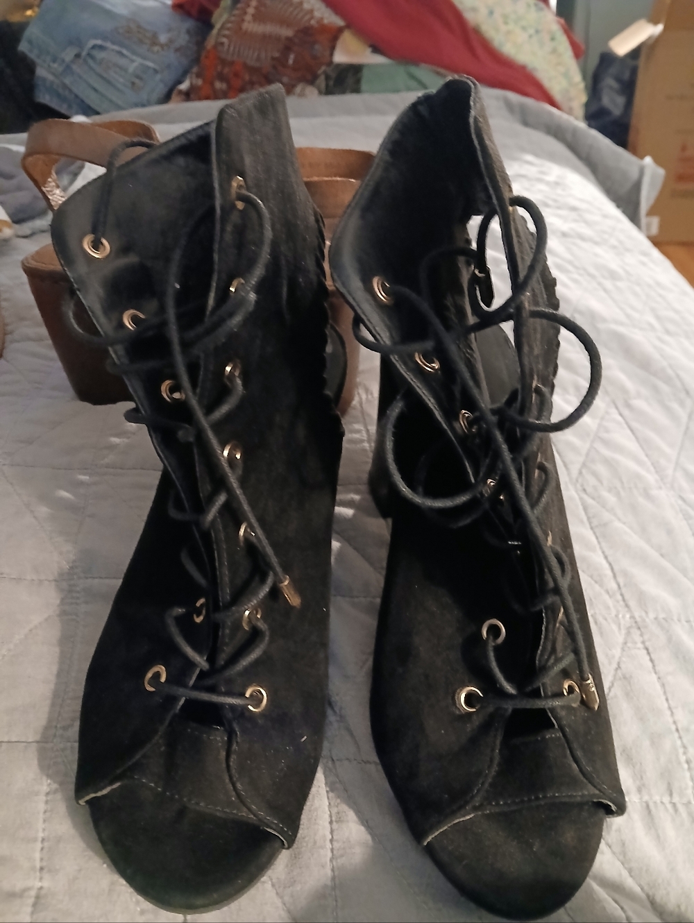 Charlotte Russe Black Lace-Up Peep-Toe Block Heel Boots